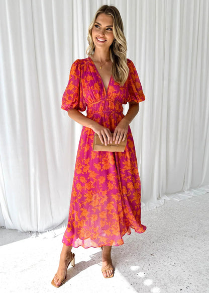 Femme Robe Midi Florale à Manches Bouffantes et Col V