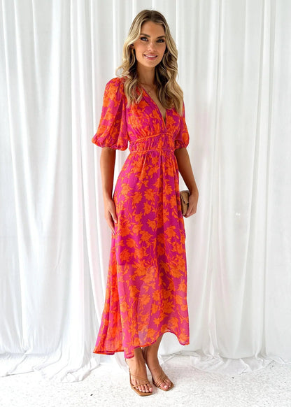 Femme Robe Midi Florale à Manches Bouffantes et Col V