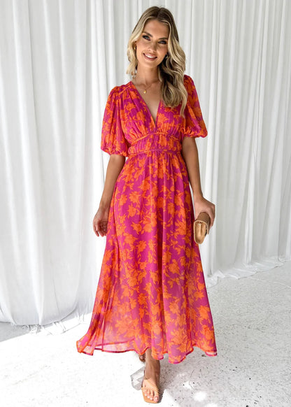 Femme Robe Midi Florale à Manches Bouffantes et Col V