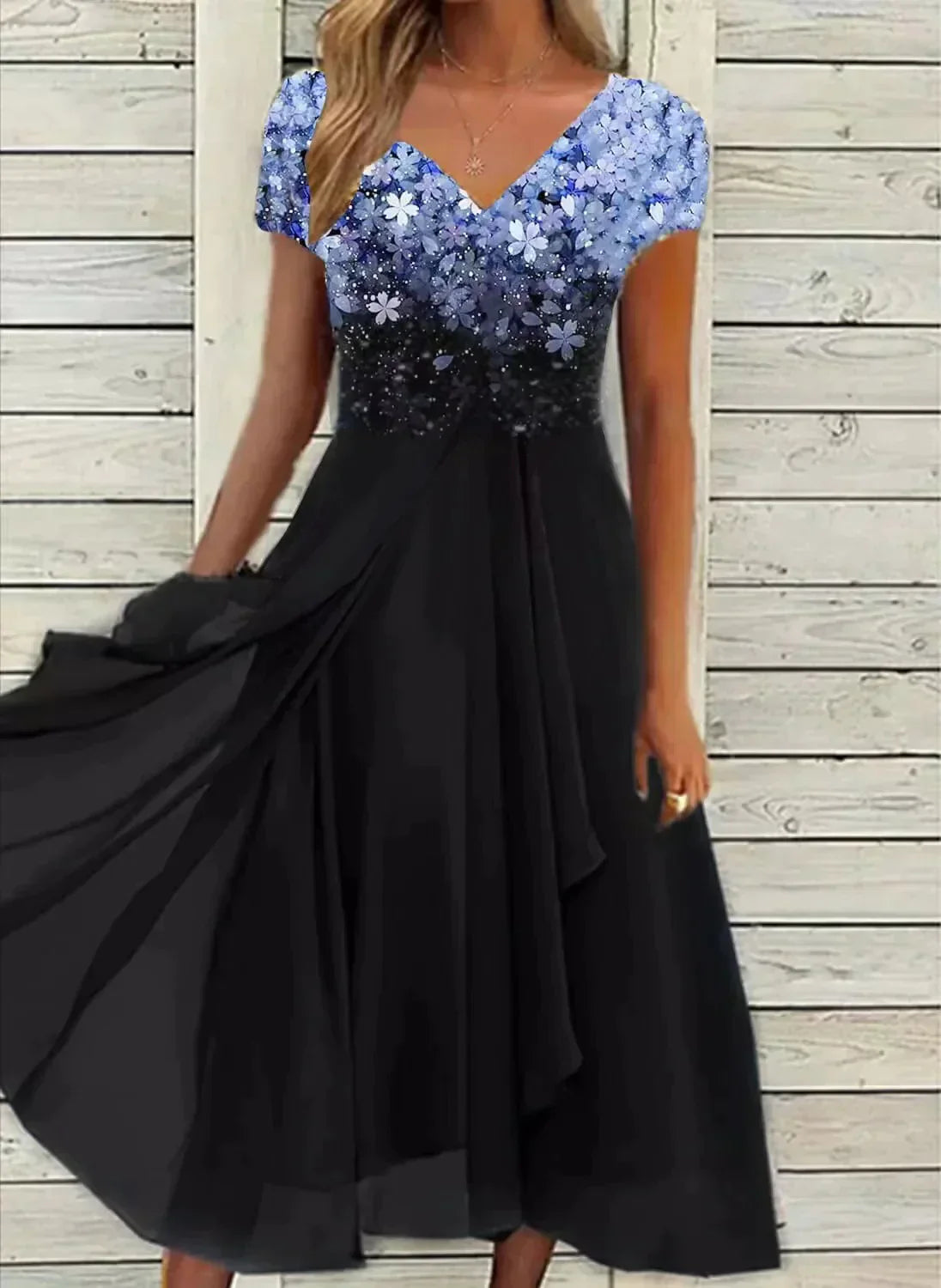 Femme Robe Midi Florale à Manches Courtes avec Col en V et Jupe Fluide