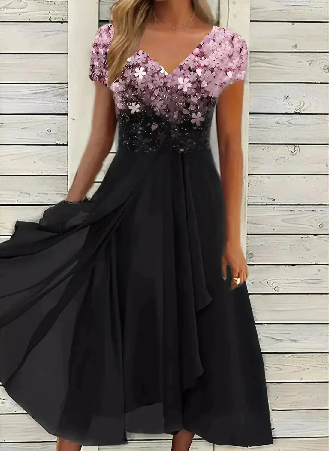 Femme Robe Midi Florale à Manches Courtes avec Col en V et Jupe Fluide