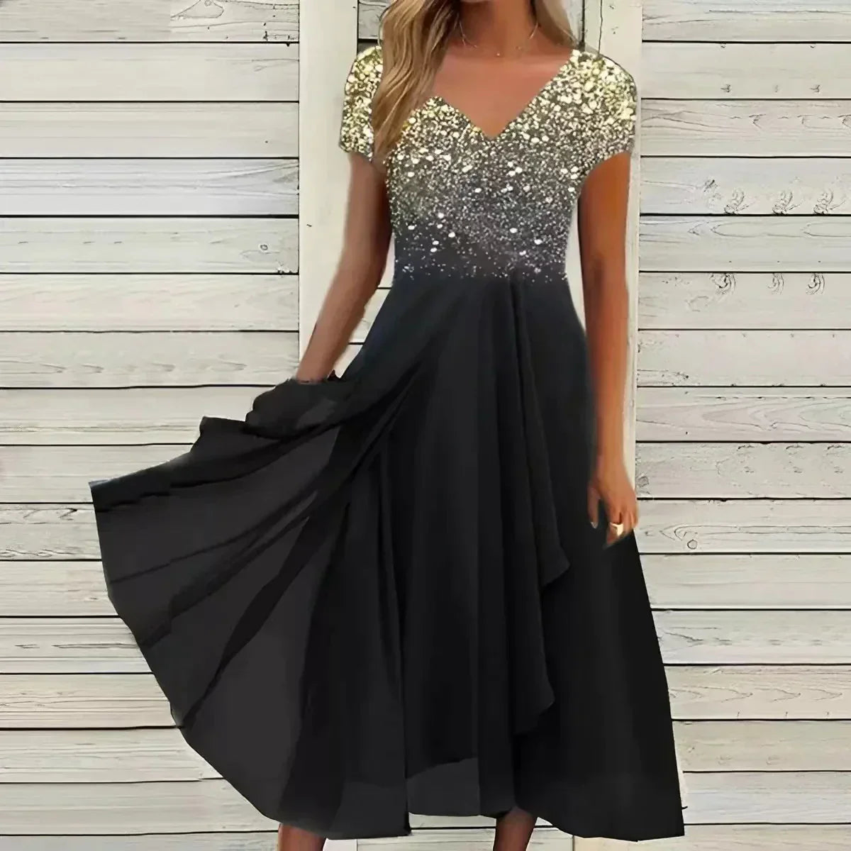 Femme Robe Midi Florale à Manches Courtes avec Col en V et Jupe Fluide