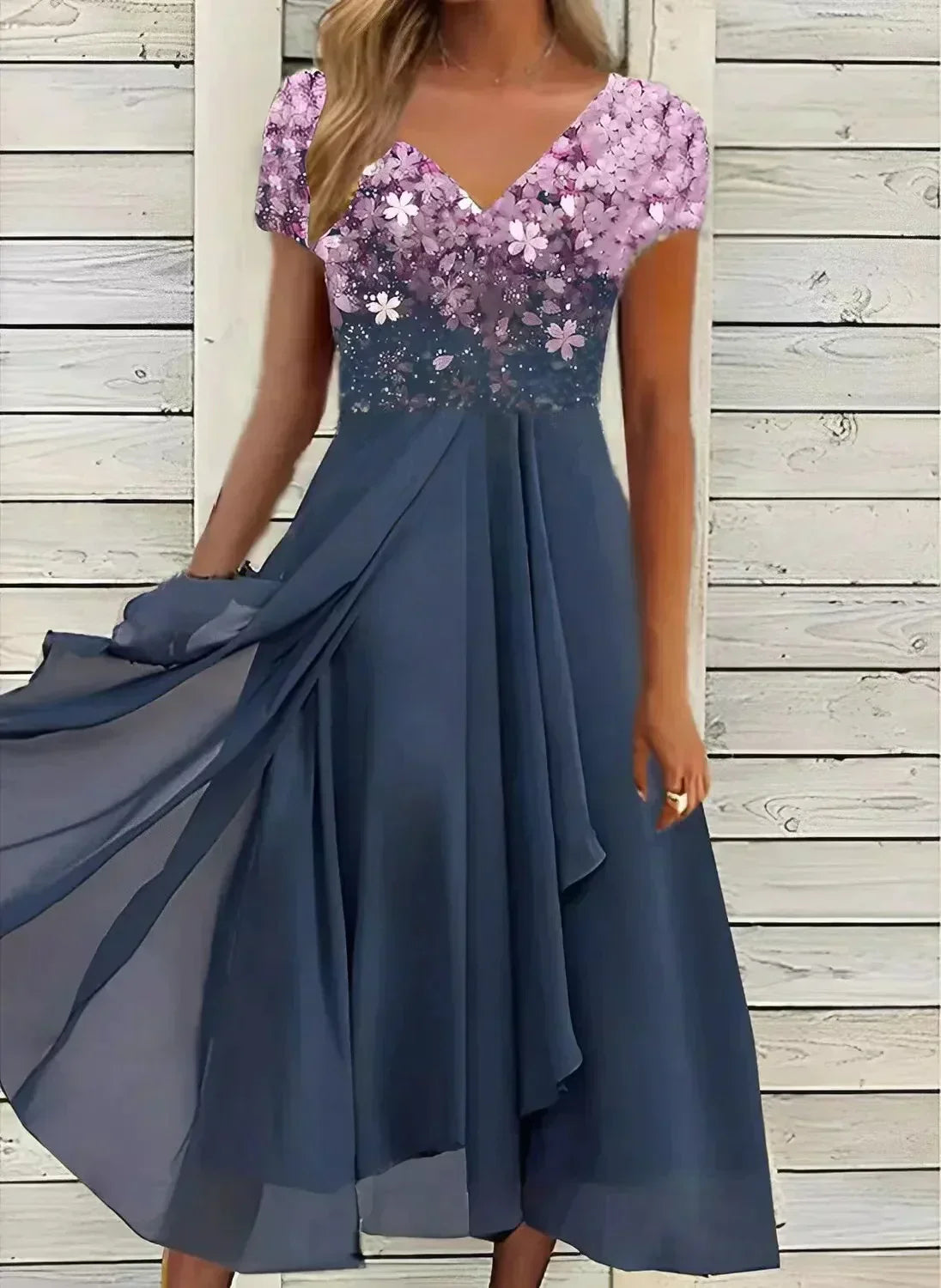 Femme Robe Midi Florale à Manches Courtes avec Col en V et Jupe Fluide