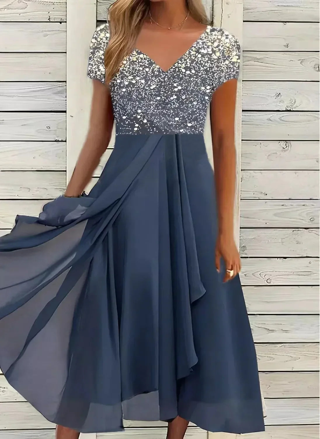 Femme Robe Midi Florale à Manches Courtes avec Col en V et Jupe Fluide