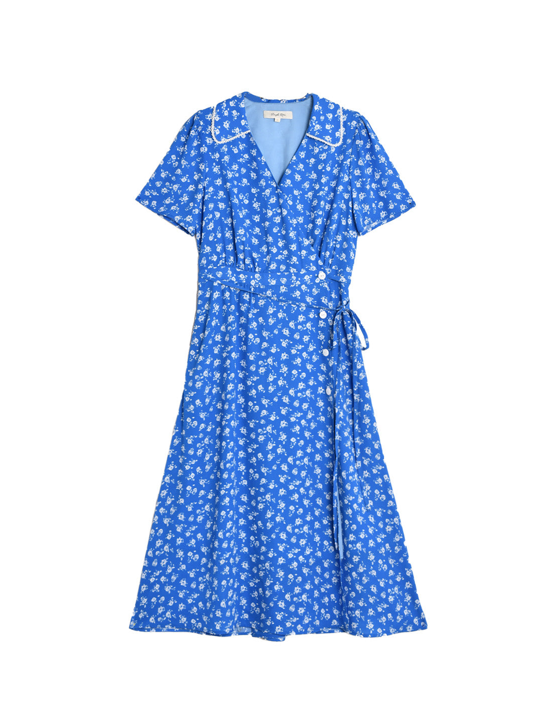 Femme Robe Midi Florale à Manches Courtes avec Col V et Ceinture