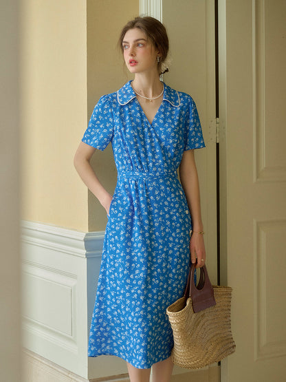 Femme Robe Midi Florale à Manches Courtes avec Col V et Ceinture