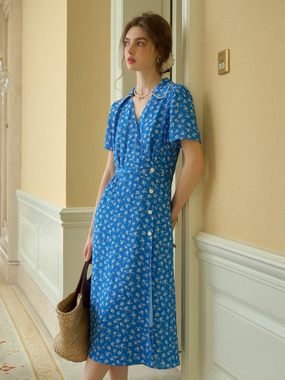 Femme Robe Midi Florale à Manches Courtes avec Col V et Ceinture