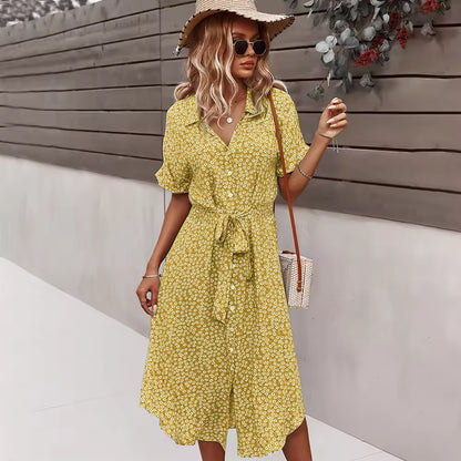 Femme Robe Midi Florale à Manches Courtes avec Col V et Ceinture Nouée