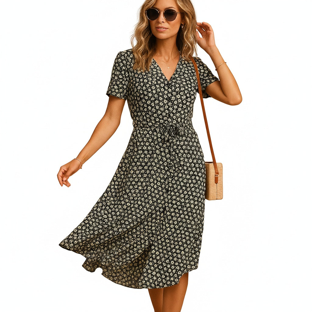 Femme Robe Midi Florale à Manches Courtes avec Col V et Ceinture Nouée