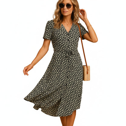 Femme Robe Midi Florale à Manches Courtes avec Col V et Ceinture Nouée