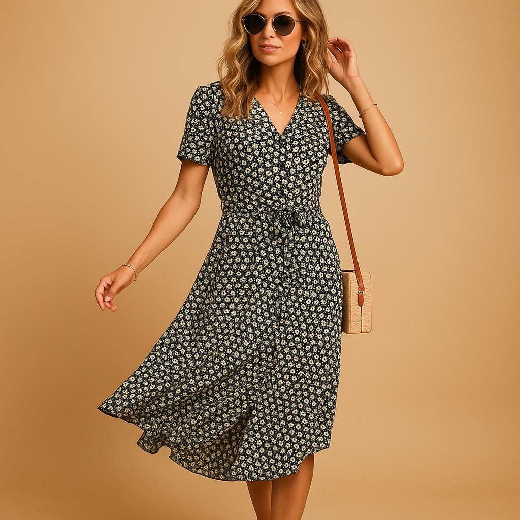 Femme Robe Midi Florale à Manches Courtes avec Col V et Ceinture Nouée