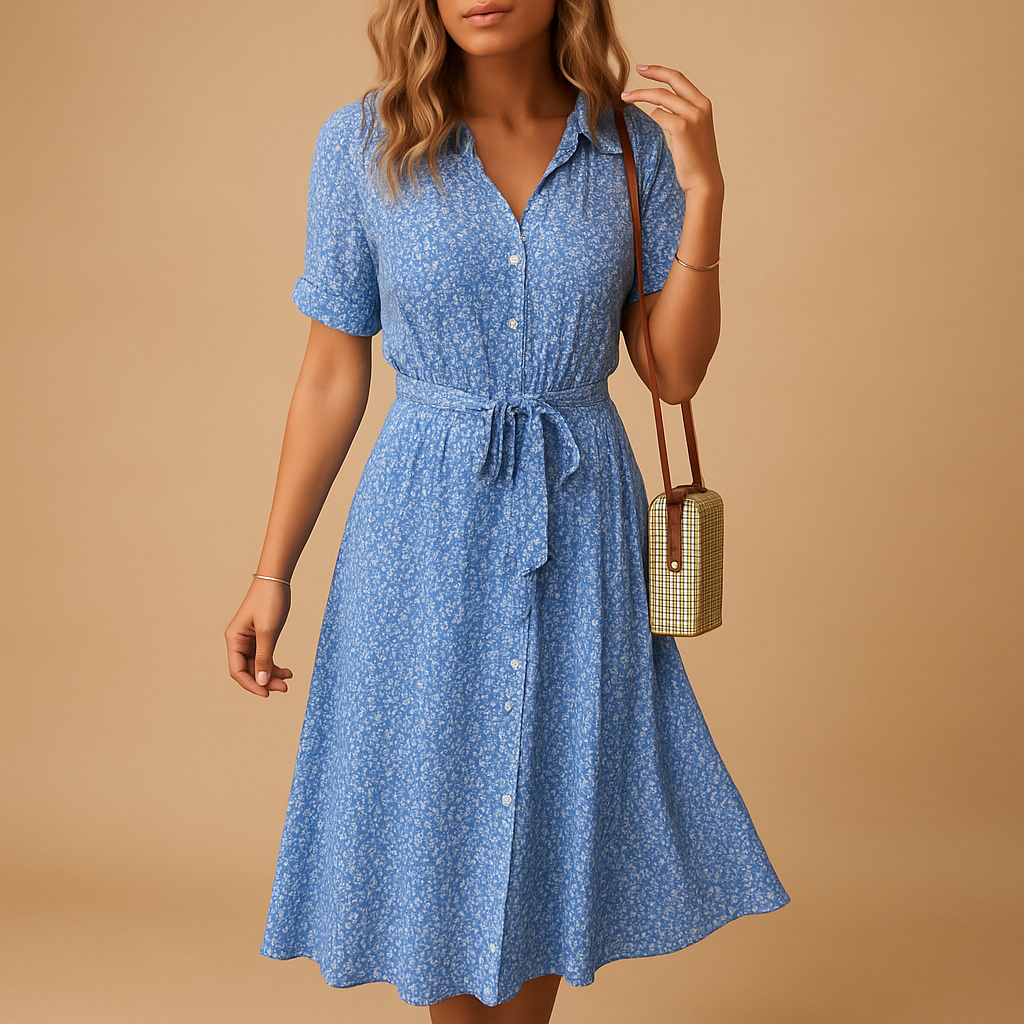 Femme Robe Midi Florale à Manches Courtes avec Col V et Ceinture Nouée
