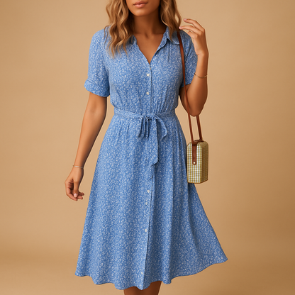 Femme Robe Midi Florale à Manches Courtes avec Col V et Ceinture Nouée