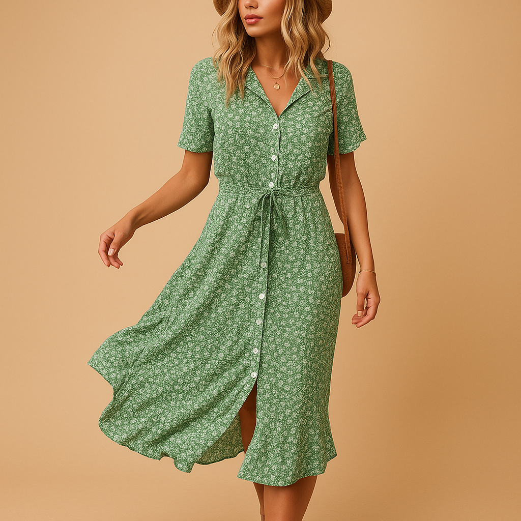 Femme Robe Midi Florale à Manches Courtes avec Col V et Ceinture Nouée