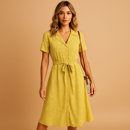 Femme Robe Midi Florale à Manches Courtes avec Col V et Ceinture Nouée