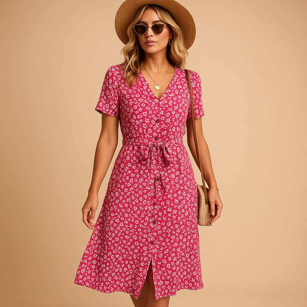 Femme Robe Midi Florale à Manches Courtes avec Col V et Ceinture Nouée