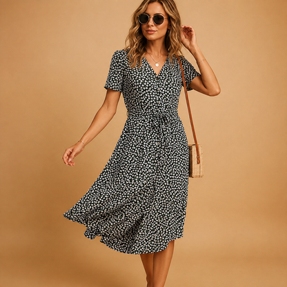 Femme Robe Midi Florale à Manches Courtes avec Col V et Ceinture Nouée