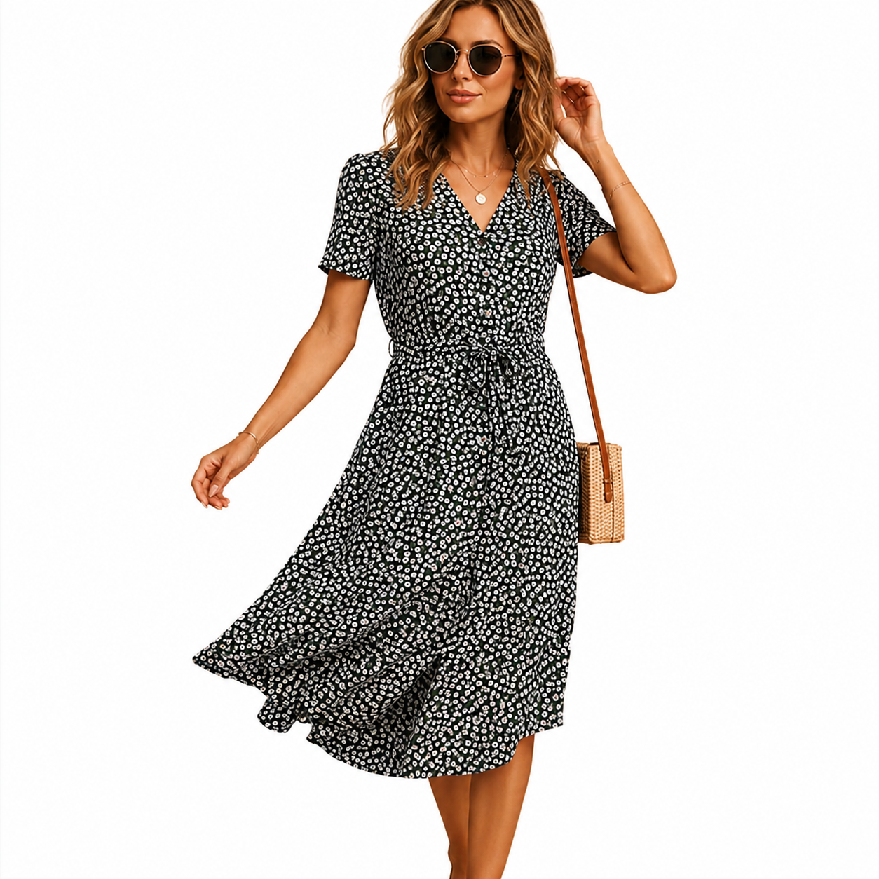 Femme Robe Midi Florale à Manches Courtes avec Col V et Ceinture Nouée