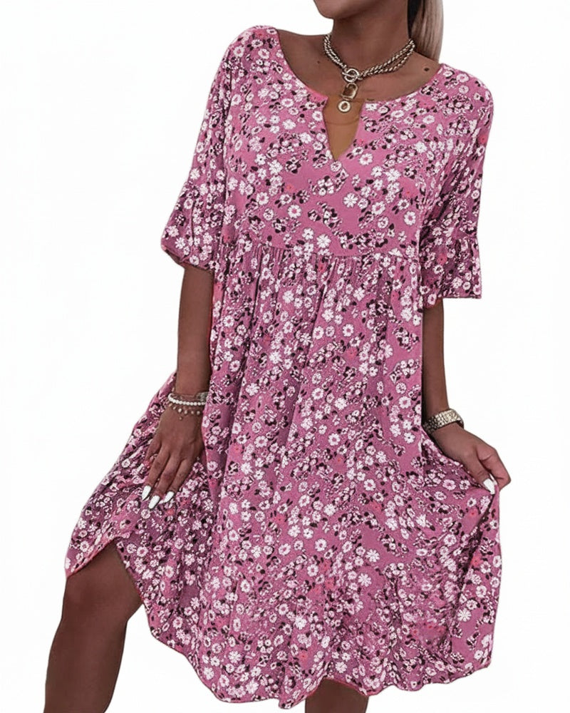 Femme Robe Midi Florale à Manches Courtes et Col en V