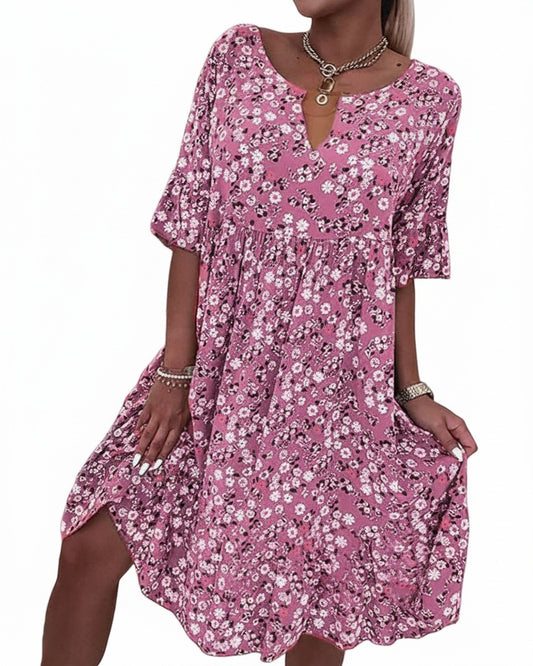 Femme Robe Midi Florale à Manches Courtes et Col en V