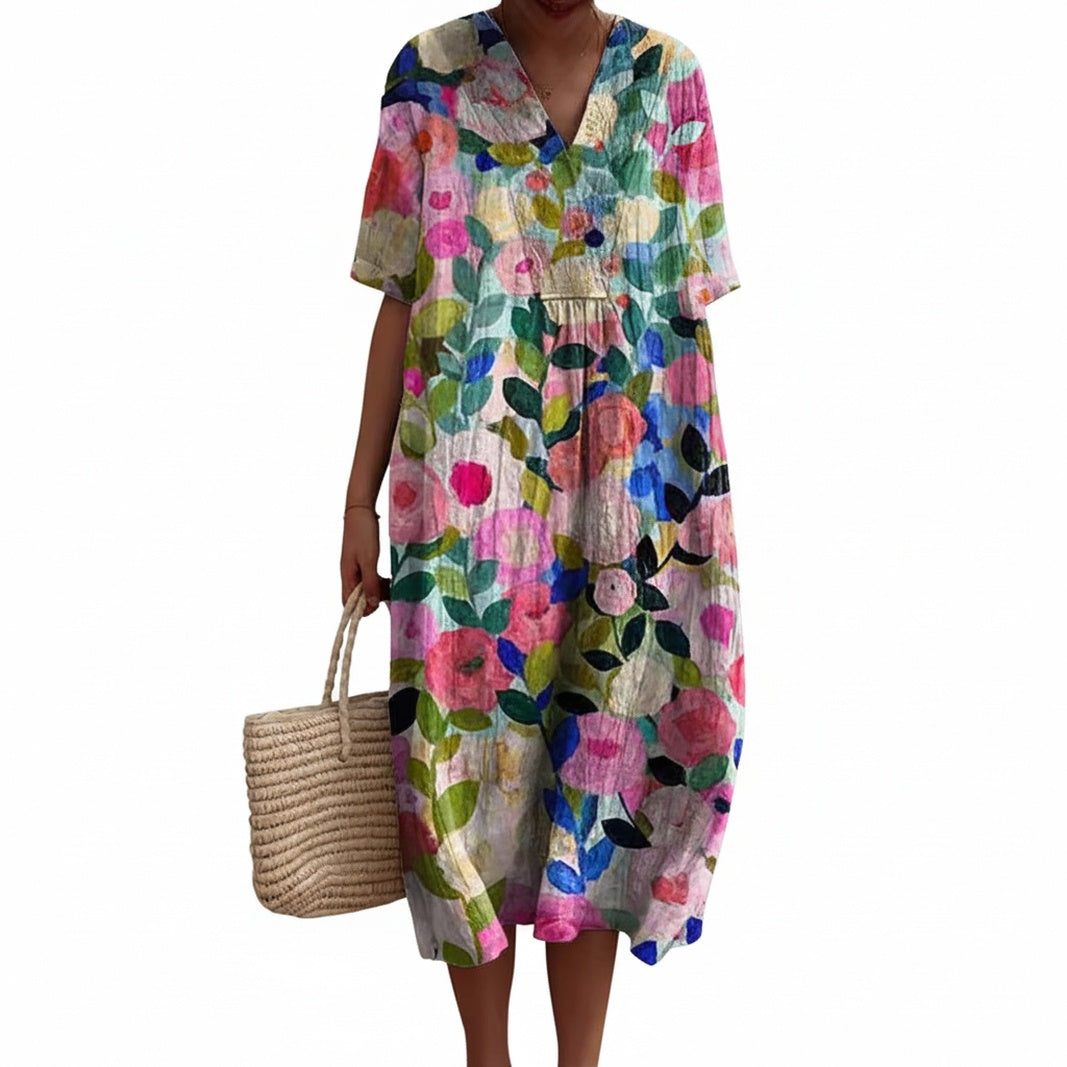 Femme Robe Midi Florale à Manches Courtes et Col en V