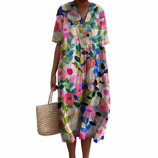 Femme Robe Midi Florale à Manches Courtes et Col en V