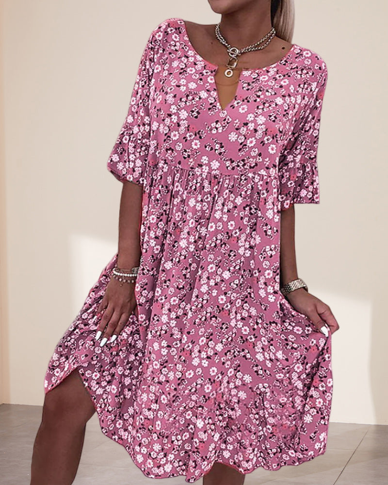 Femme Robe Midi Florale à Manches Courtes et Col en V