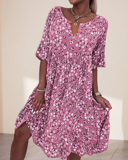 Femme Robe Midi Florale à Manches Courtes et Col en V