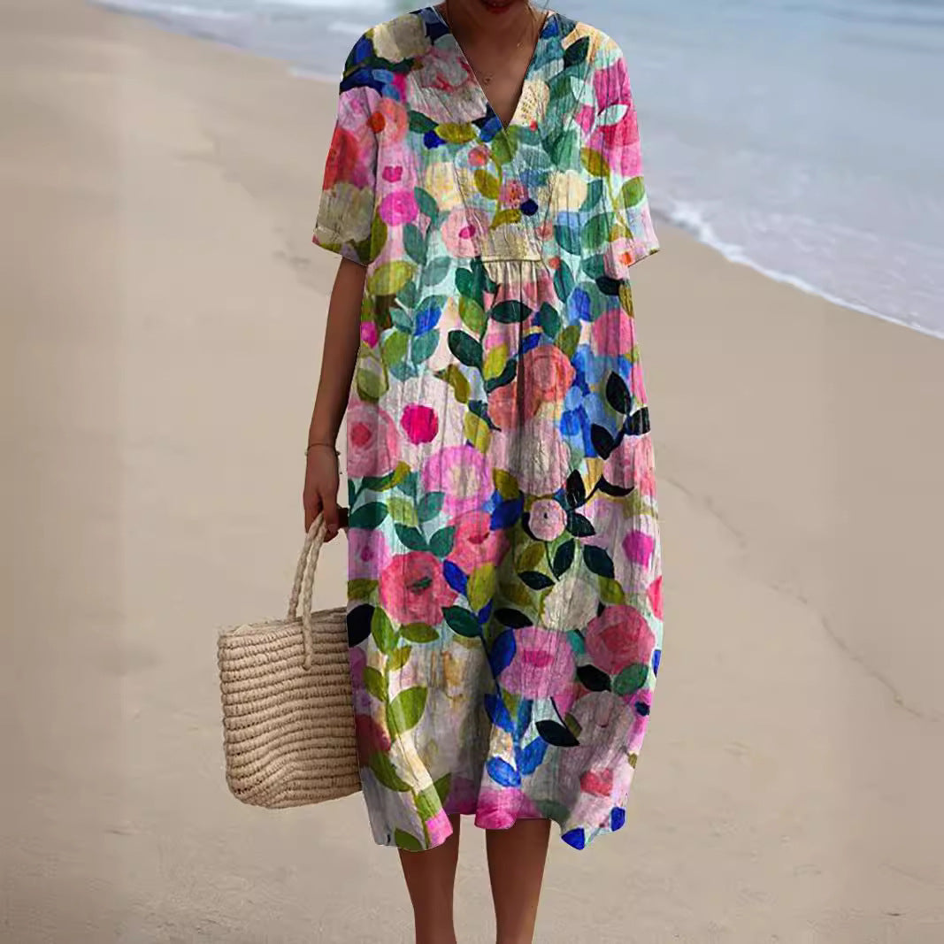 Femme Robe Midi Florale à Manches Courtes et Col en V