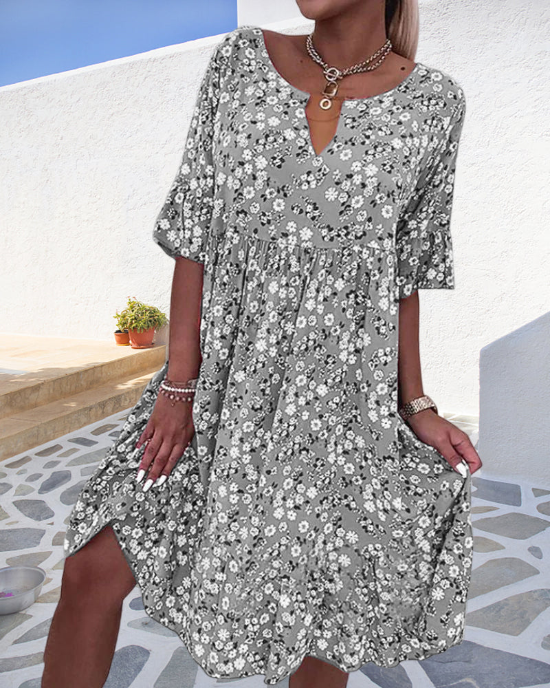 Femme Robe Midi Florale à Manches Courtes et Col en V