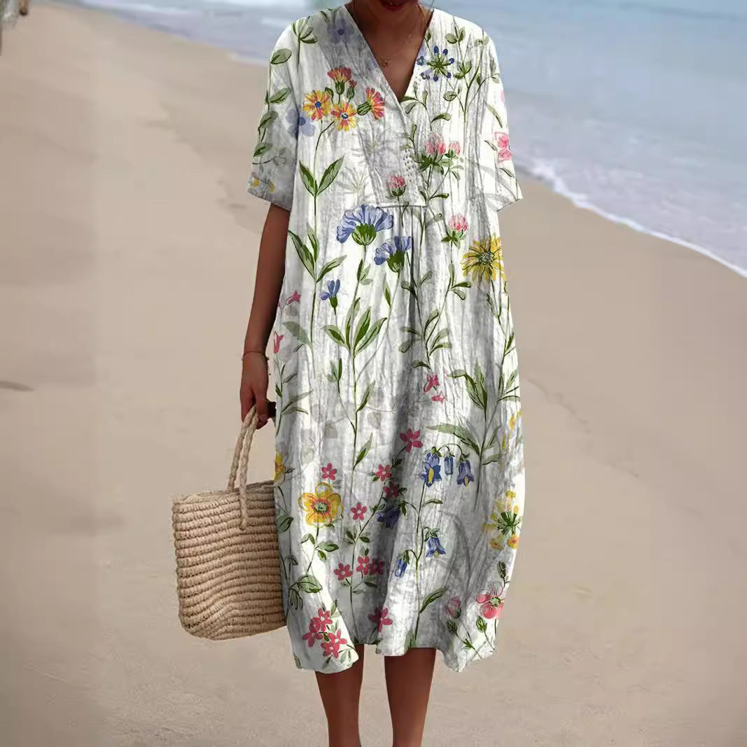 Femme Robe Midi Florale à Manches Courtes et Col en V