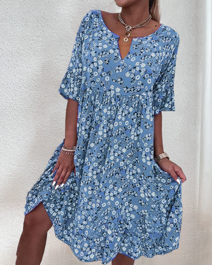 Femme Robe Midi Florale à Manches Courtes et Col en V