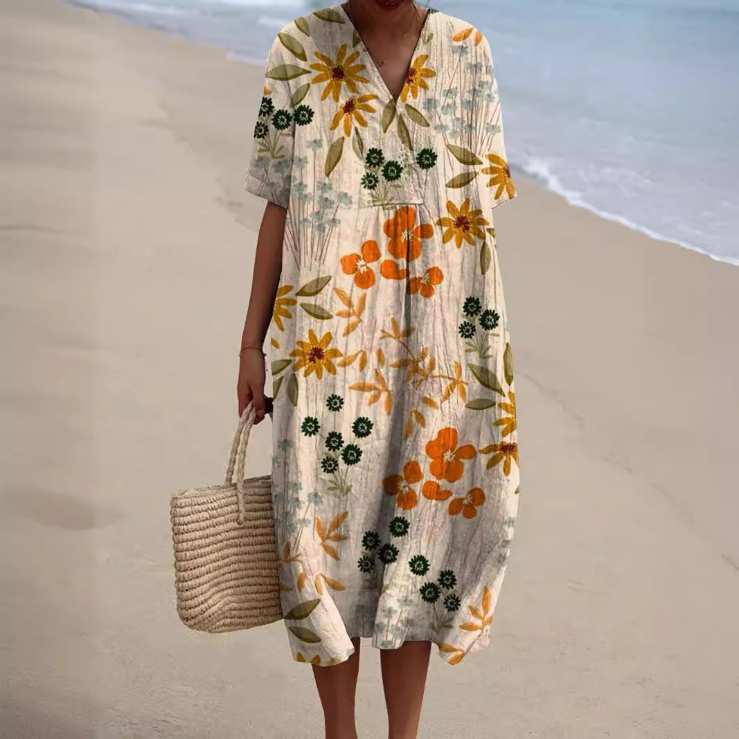 Femme Robe Midi Florale à Manches Courtes et Col en V