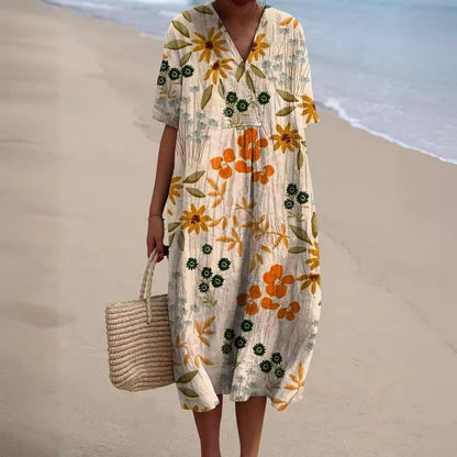 Femme Robe Midi Florale à Manches Courtes et Col en V