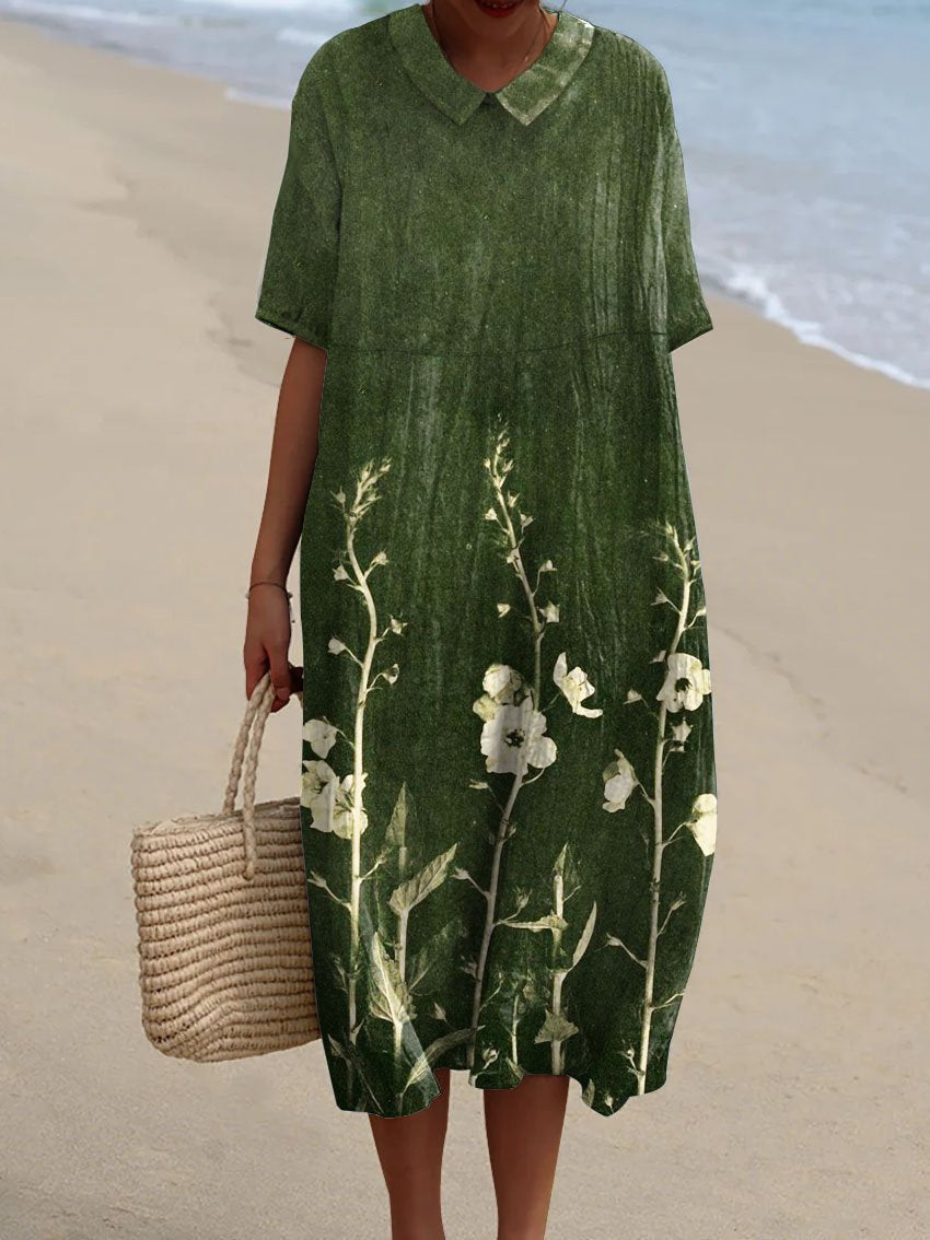 Femme Robe Midi Florale à Manches Courtes et Col en V