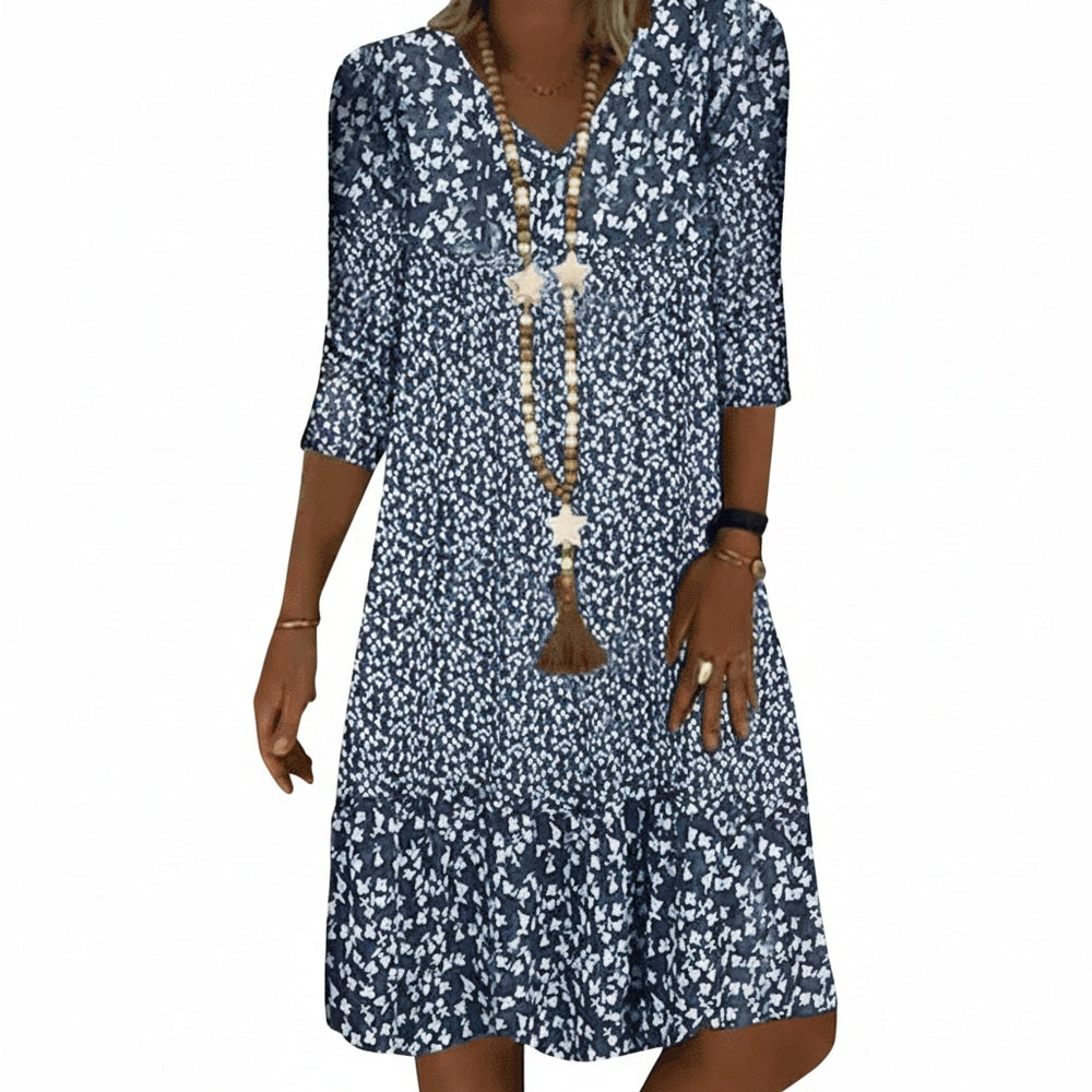 Femme Robe Midi Florale avec Col en V et Manches Trois-Quarts à Volants