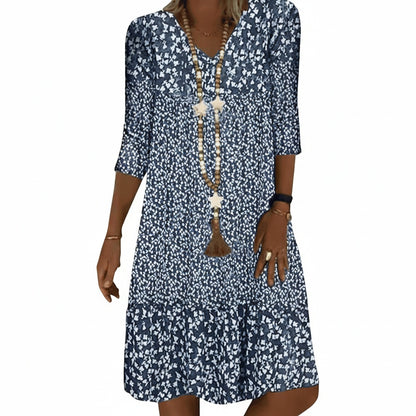 Femme Robe Midi Florale avec Col en V et Manches Trois-Quarts à Volants