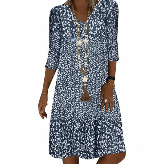Femme Robe Midi Florale avec Col en V et Manches Trois-Quarts à Volants