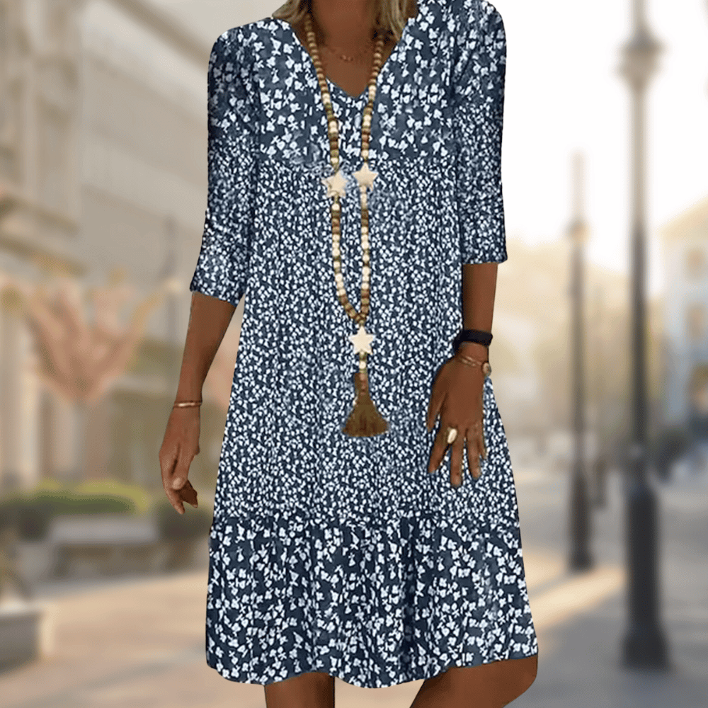 Femme Robe Midi Florale avec Col en V et Manches Trois-Quarts à Volants