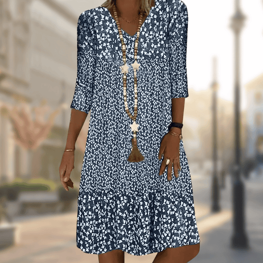 Femme Robe Midi Florale avec Col en V et Manches Trois-Quarts à Volants