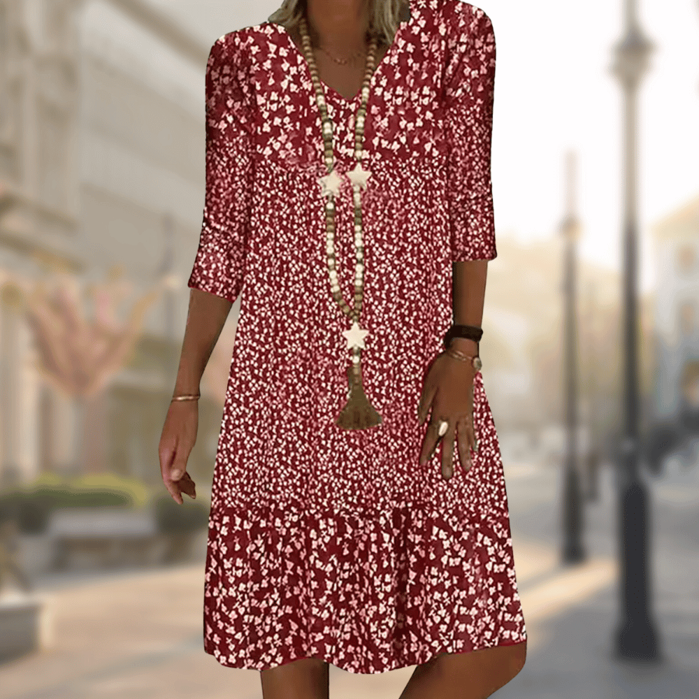Femme Robe Midi Florale avec Col en V et Manches Trois-Quarts à Volants