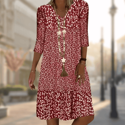 Femme Robe Midi Florale avec Col en V et Manches Trois-Quarts à Volants