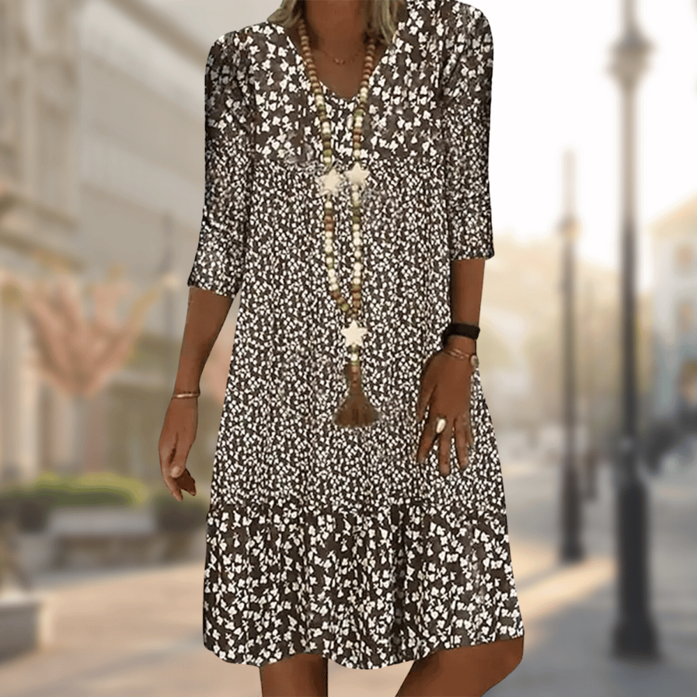Femme Robe Midi Florale avec Col en V et Manches Trois-Quarts à Volants