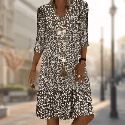 Femme Robe Midi Florale avec Col en V et Manches Trois-Quarts à Volants