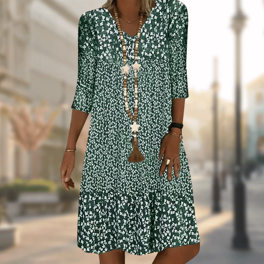 Femme Robe Midi Florale avec Col en V et Manches Trois-Quarts à Volants