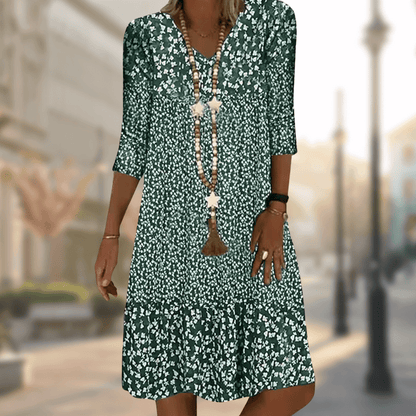 Femme Robe Midi Florale avec Col en V et Manches Trois-Quarts à Volants