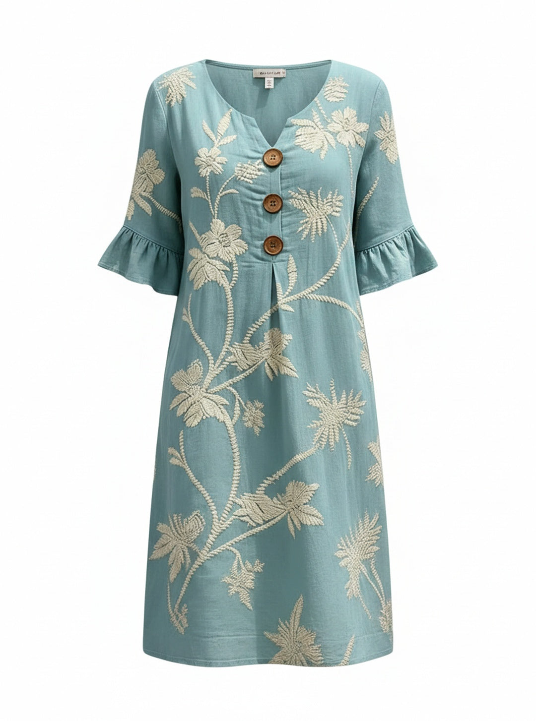Femme Robe Midi Florale avec Col en V, Manches Évasées et Boutons