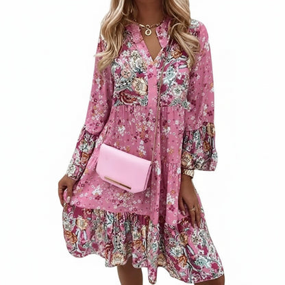 Femme Robe Midi Florale Bohème Manches Longues avec Col en V