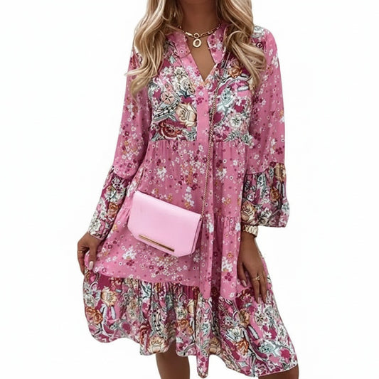 Femme Robe Midi Florale Bohème Manches Longues avec Col en V