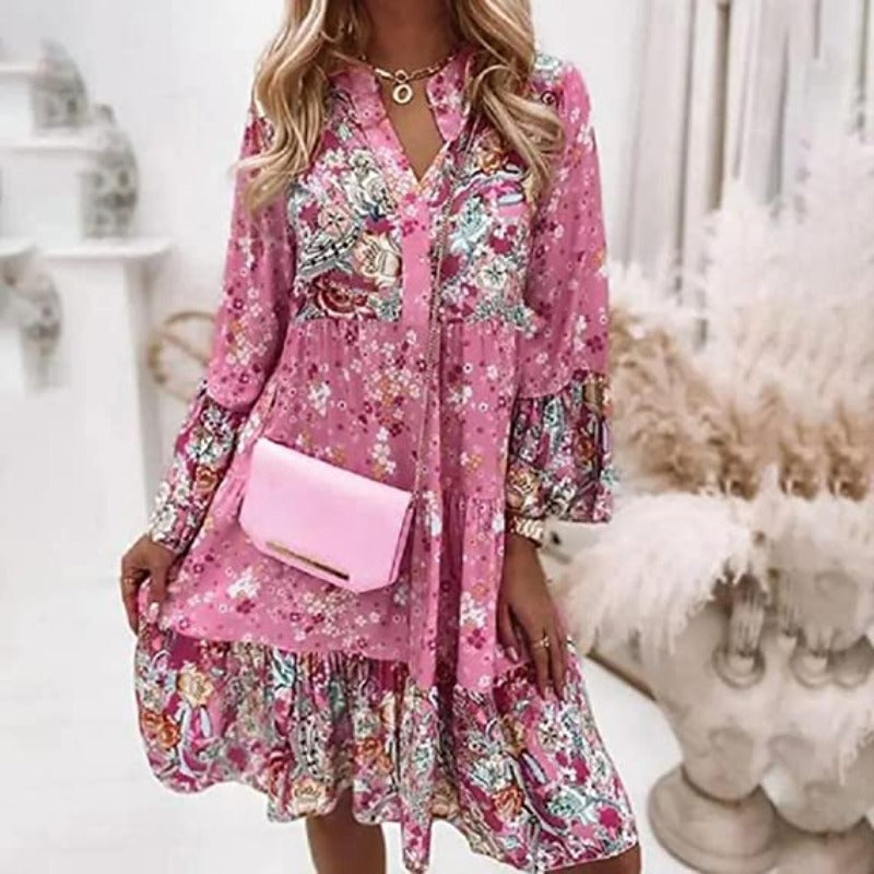 Femme Robe Midi Florale Bohème Manches Longues avec Col en V